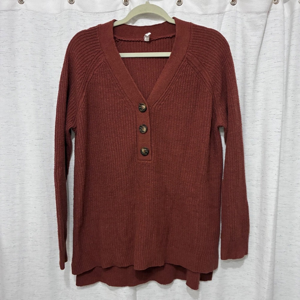 Wishlist Rust Orange Wool Blend Henley Sweater V-Neck Ribbed High-Low M